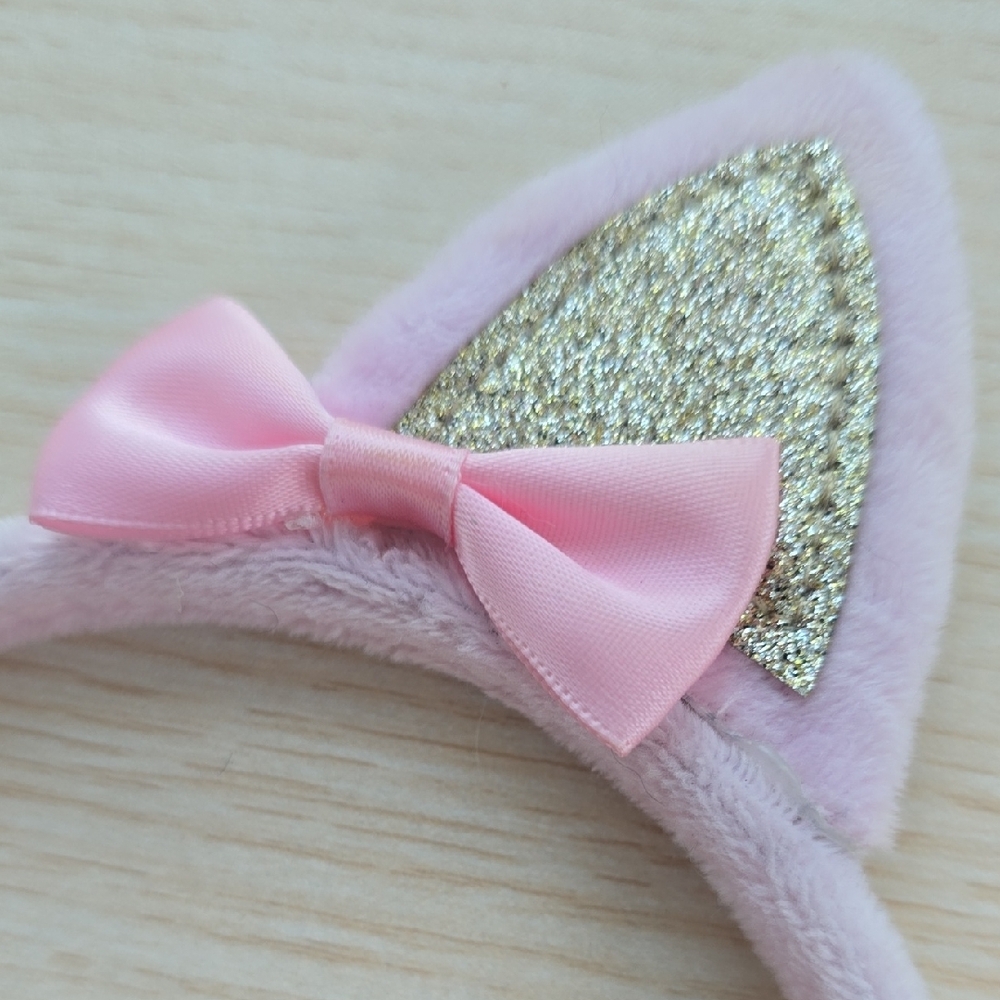 Cat Ears Headband with Gold Glitter Ears and Satin Bow